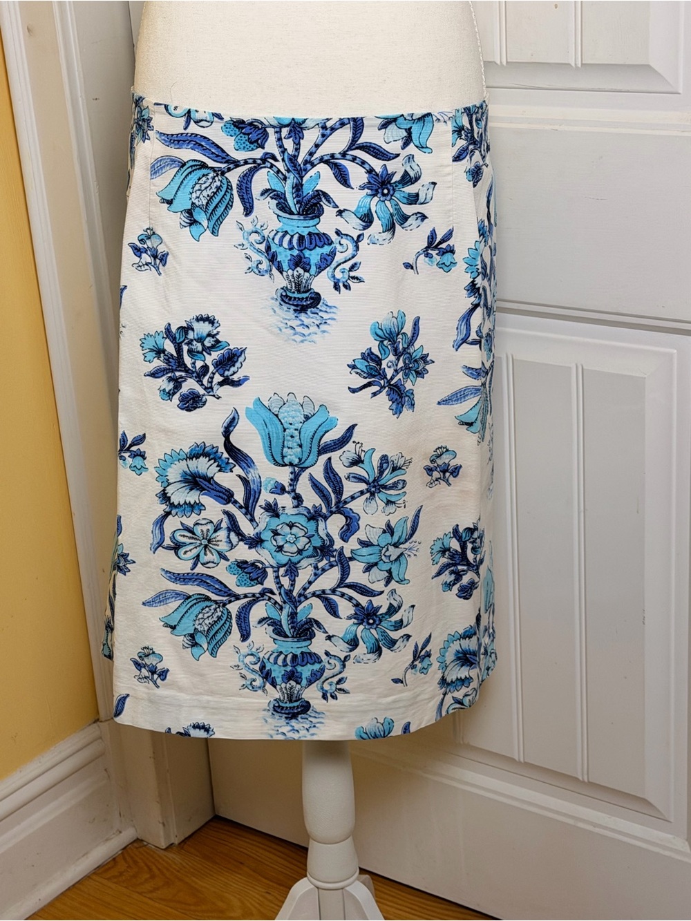 Talbots White Midi Skirt with Blue Floral Print